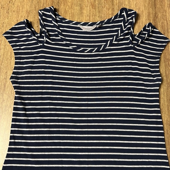 Athleta like new cold shoulder navy Heather grey stretchy soft knit midi dress - Picture 4 of 8